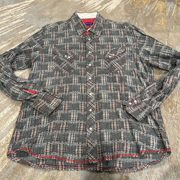 georg roth LA amazing patch work pearl snap button shirt size XXL grey